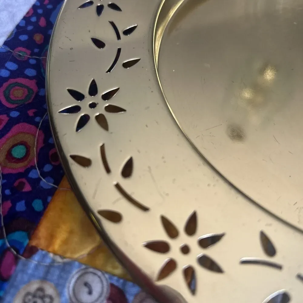PartyLite 3 Wick Pillar Brass Gold Tone Candle Holder Tray Floral Rim 9 Inch